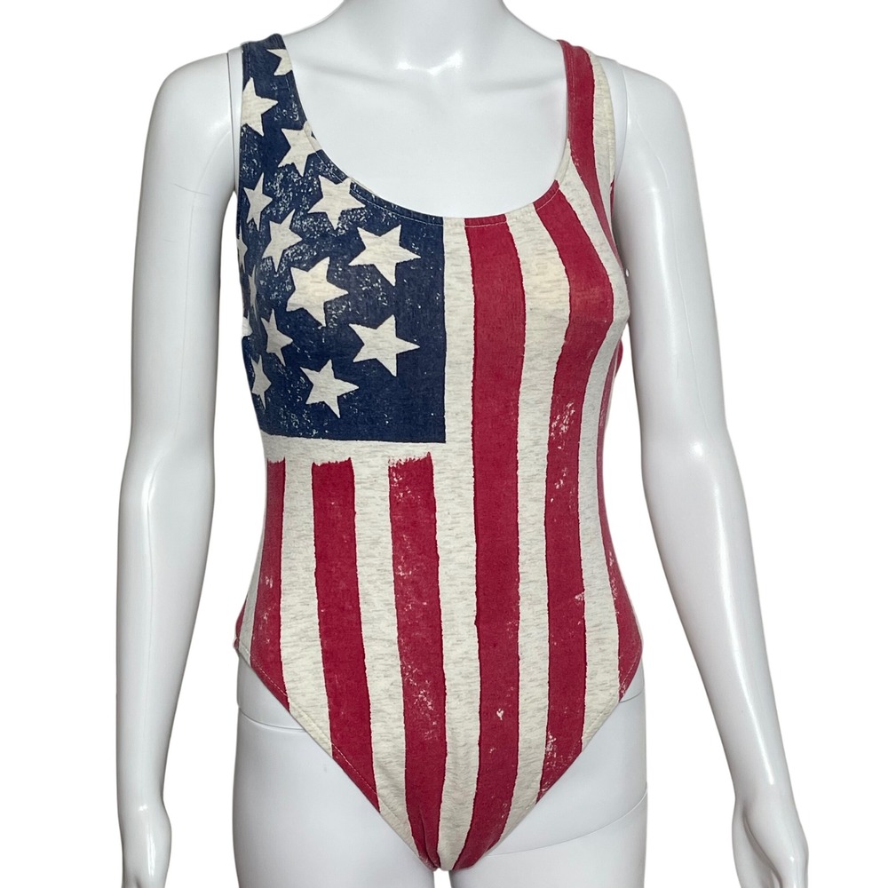 Sunset Beach American Flag Bodysuit Swimsuit Vintage USA Stars Stripes Medium